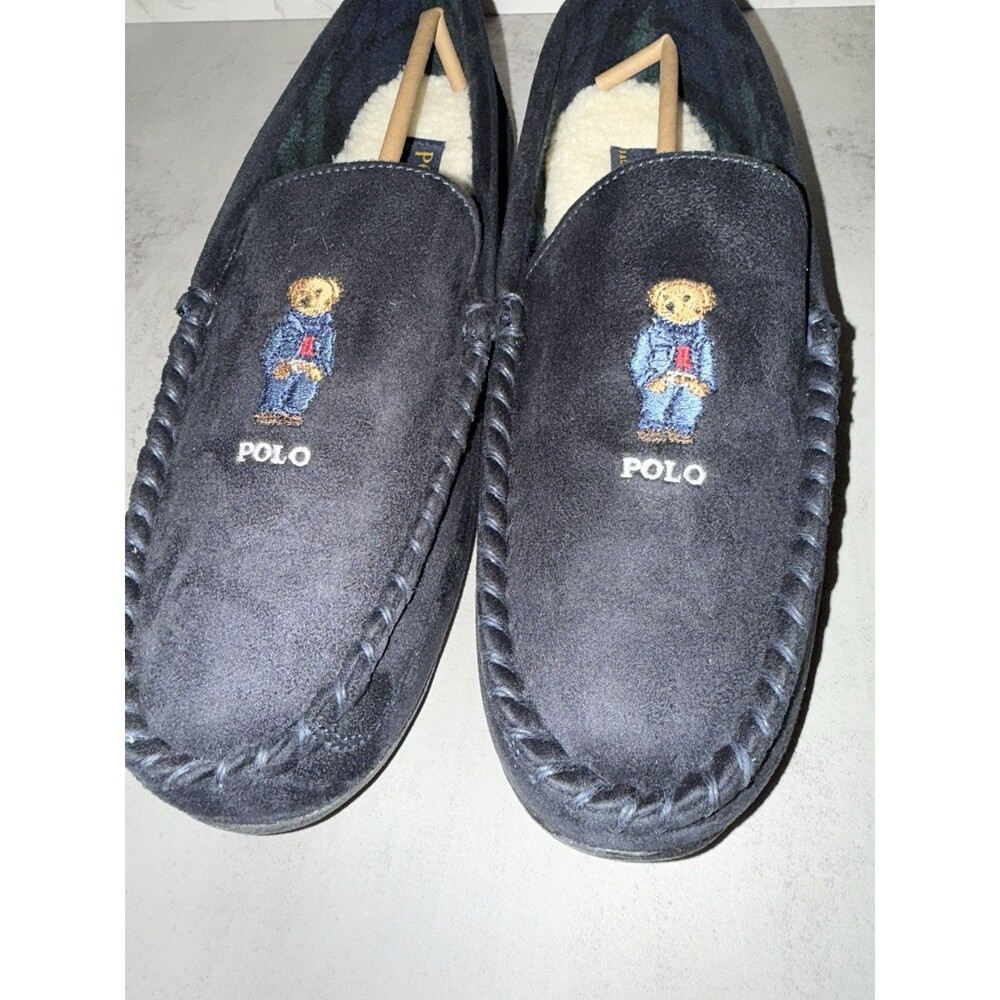 Polo Ralph Lauren Collins Bear Suede Moccasin Slippers Navy Size 11 - Picture 12 of 12